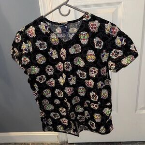 Colorful Skull Print Women's Scrub Top